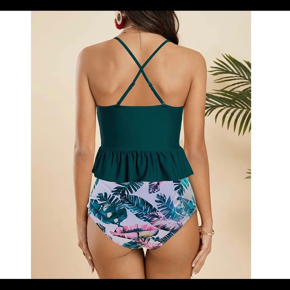Teal Palm print Falbala Bikini Set High Waisted Tankini Swimsuit XL - Picture 2 of 4